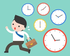 Cute businessman running in rush hours and clocks, flat design time management concept