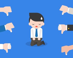 Cute businessman or politician knee on floor for responsible with dislike or thumps down, flat design vector mistake concept
