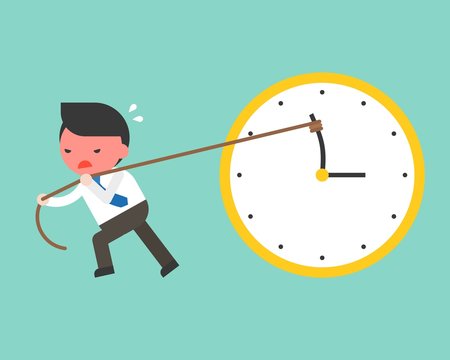 Cute businessman try hard to pull back minute hand anti clockwise by rope,  flat design vector turn back time concept