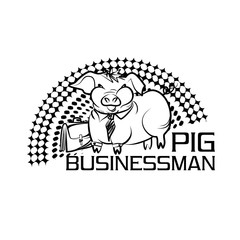 Black and white vector logo with a funny pig businessman. Cute fat hog in an office suit with a tie and briefcase, simple flat clipart