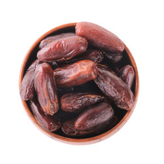 date fruits in wooden cups isolated on white background. top view