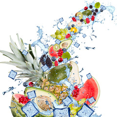 Fototapeta na wymiar Splash with fruits, orange, kiwi, blackberries, raspberry, melo, pineapple, pear, grape, avocado isolated on white background. 