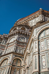 Close-up of the sculptural work on the dome of the Santa Maria del Fiore Cathedral. In the city of Florence, the famous and amazing capital of the Italian Renaissance. Located in the Tuscany region