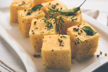 Chana Dal Dhokla served with mint chutney, selective focus