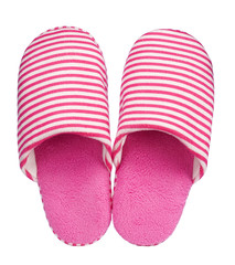 Pink striped slippers isolated on white background. Close up, high resolution