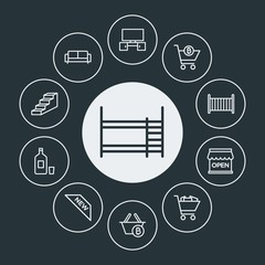 drinks, shopping, furniture Infographic Circle outline Icons Set. Contains such Icons as  baby,  small, bitcoin,  sleep, alcohol, bunk,  modern,  bed,  room, up and more. Fully Editable. Pixel Perfect
