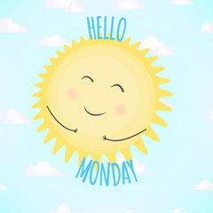 Vector illustration with smiling sun and word Hello Monday on blue background. Typography motivation card, template for poster, decoration design, greeting card or banner.