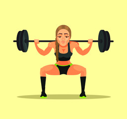 Obraz premium Sporty fitness bodybuilder athlete instructor teacher woman doing exercise squat with heavy barbell. Sport flat cartoon illustration graphic design concept