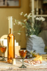 alcohol drink in a glass on a wooden table (wine) - drink berry cuisine.  Food background