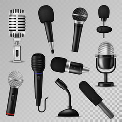 Microphone vector sound music audio voice mic recorder karaoke studio radio record phonetic vintage old and modern interview micro device set 3d isolated illustration