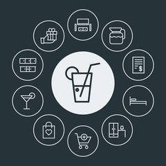 drinks, shopping, furniture Infographic Circle outline Icons Set. Contains such Icons as  white,  ice,  person,  favorite,  bag,  cold,  interior,  bill, bed and more. Fully Editable. Pixel Perfect