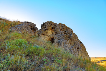 Prehistoric stone boulder in the Donskoy Nature Park, Volgograd Region, Russia.