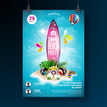 Vector Summer Beach Party Flyer Design with typographic elements on surf board. Summer nature floral elements, tropical plants, flower, beach ball and surf board on blue cloudy sky background. Design