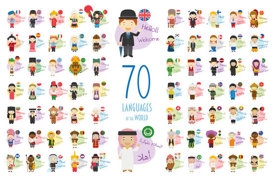 Vector illustration of cartoon characters saying hello and welcome in 70 different languages of the world