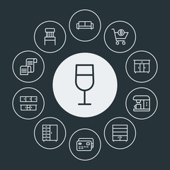 Fototapeta premium drinks, shopping, furniture Infographic Circle outline Icons Set. Contains such Icons as red, caffeine, office, money, espresso, clothes, interior, wine and more. Fully Editable. Pixel Perfect