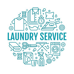 Dry cleaning, banner illustration with flat line icons. Laundry service equipment, washing machine, clothing shoe leather repair, garment steaming. Circle template thin linear signs launderette poster