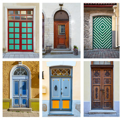 Fototapeta premium Composed collage of photos with various beautiful doors of Tallin city representing old architecture of Estonia.