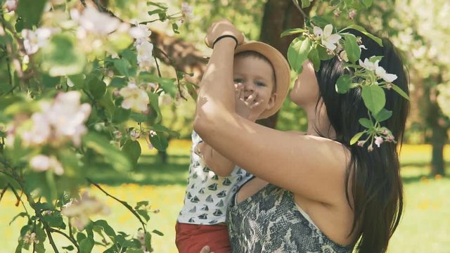 Young mother with her adorable little boy playing outdoors with love in slow motion near blooming apple tree. Concept of happy family love