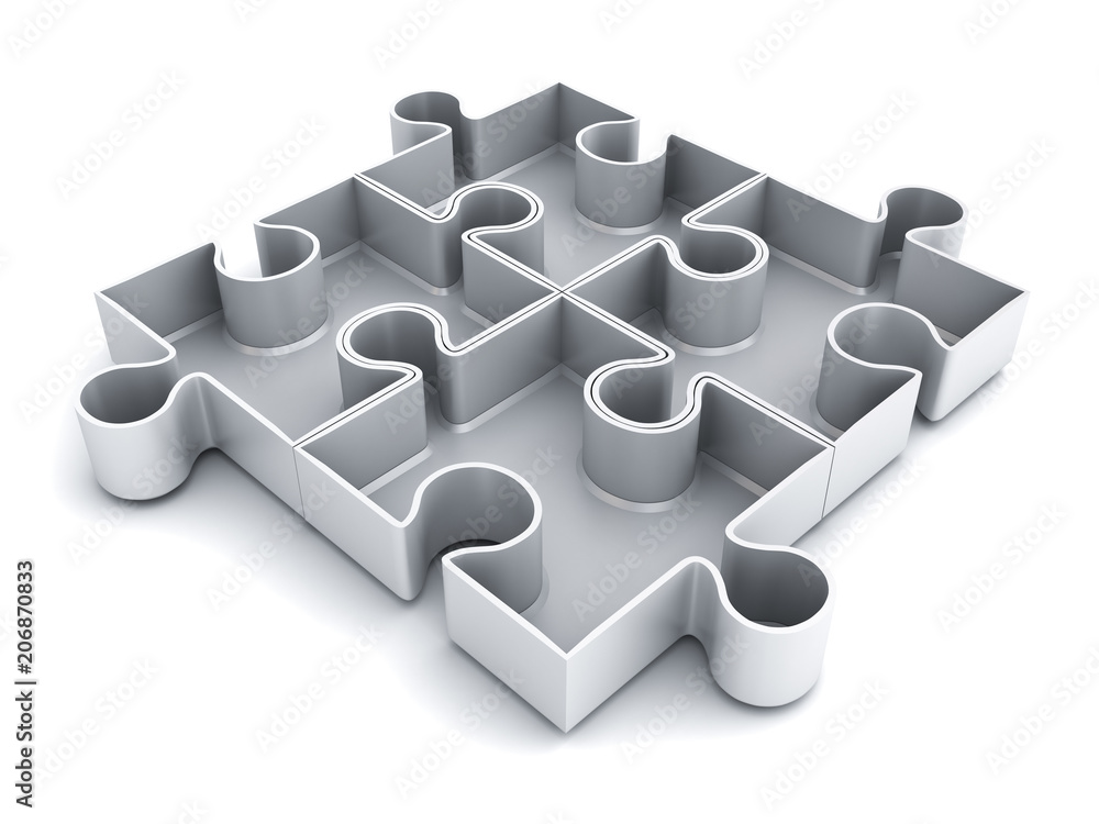 Poster white jigsaw puzzle pieces isolated on white background with shadow. 3d rendering.
