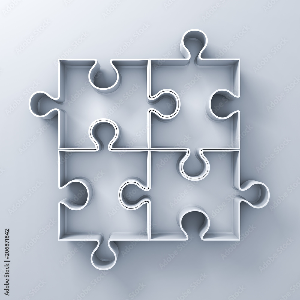 Poster white jigsaw puzzle boxes on white wall background with shadow. 3d rendering.