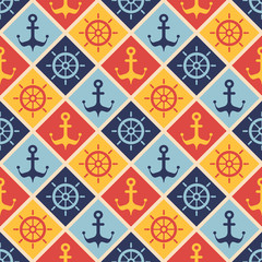 Maritime mood, Seamless nautical pattern with steering wheels and anchors, vintage style