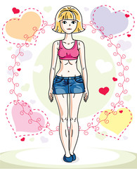Attractive young blonde woman adult standing on colorful backdrop with Valentine romantic hearts in casual clothes. Vector human illustration.