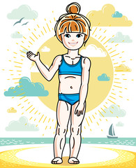 Little redhead girl cute child toddler standing on beach in colorful swimsuit. Vector pretty nice human illustration. Summertime and vacation theme.