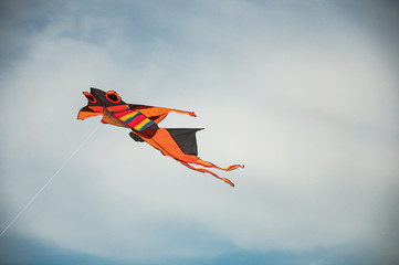 Close-up of colorful kite flying in sunny sky with clouds in the city center of Ostia. The town is a seaside resort and ancient port of Rome. Located in the Lazio region
