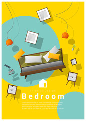 Vertical interior banner sale with bedroom furniture hovering on colorful background , vector , illustration