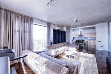 Interior of the kitchen-living room in a modern house.
