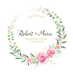 Beautiful pink floral wedding invitation card. Vector