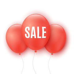 Red balloons with text sale isolated on white background. Your business project. Special offer. Big discounts. Banner, flyer, poster. Realistic transparent balloons. Vector illustration