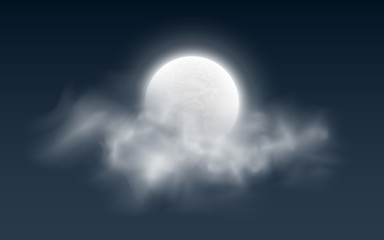 Realistic full moon with clouds on a dark background. White fog. Dark night sky. Glowing milky moon. Vector illustration