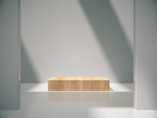 Wooden pedestal for display,Platform for design,Blank product stand with empty white room.3D rendering.