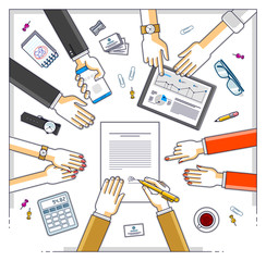 Businessman signs a document while team of business people presenting and explaining to him their analytics and plan, credit loan for startup investor, top view of people hands. Vector illustration.