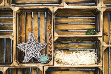 Decor of wooden boxes. Star