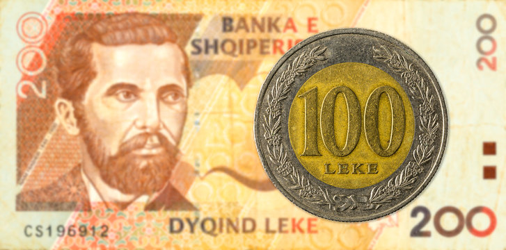100 albanian lek coin against 200 albanian lek bank note