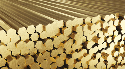 Warehouse of brass rods, rolled metal products. 3D illustration