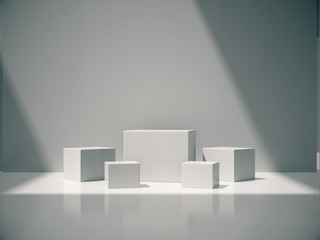White pedestal for display,Platform for design,Blank product,White room and lateral lights.3D rendering.
