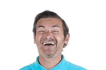 Portrait og laughing man with half shaved face on white background