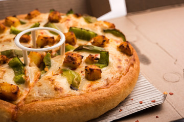 Paneer Pizza is an indian version of Italian dish topped with Cottage Cheese, served in a plate with white sauce. selective focus