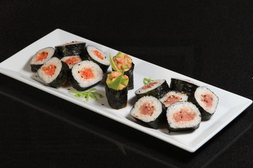 Sushi rolls served on a plate
