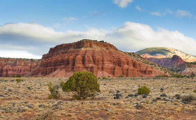 Red Rock Sandstone Formations in Torrey, Utah. Capitol Reef National Park is primarily made up of sandstone formations within the Waterpocket Fold, monocline that extends nearly 100 miles.