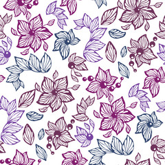 Seamless vector graphic pattern with leaves, beads and flowers made in abstract line style