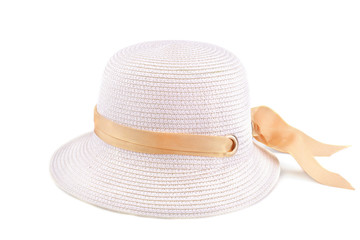 Summer hat from the sun with a yellow ribbon. Isolated