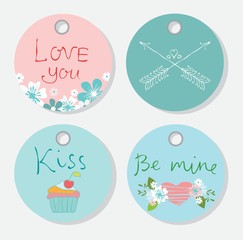 Valentine's greeting tags with cute bear,cats, hearts and floral elements.