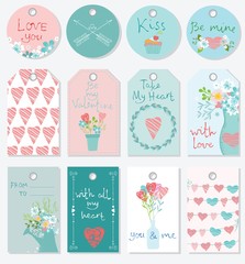 Fototapeta na wymiar Valentine's greeting tags with cute hearts and floral elements.