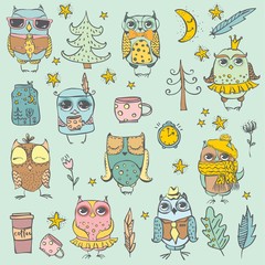 Cute hipster owls set.