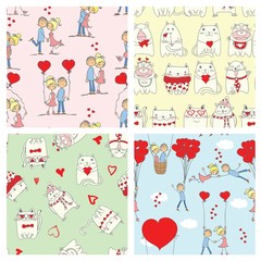 Set of Cute Valentine's cat and couple in love seamless patterns.
