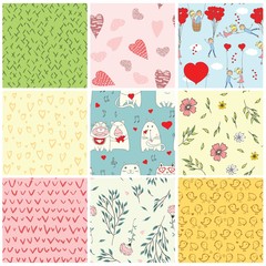 Set of nine cute Valentine's seamless patterns